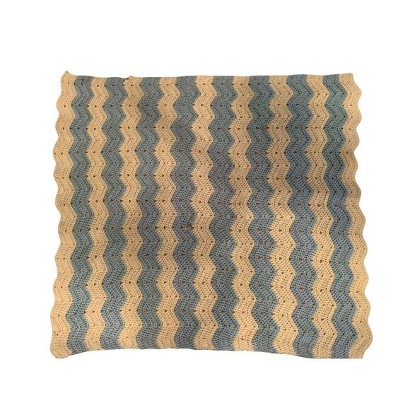 Vintage Afghan Blanket Crochet Blue Yellow/Cream Small Throw Baby Handmade Retro - Picture 2 of 9